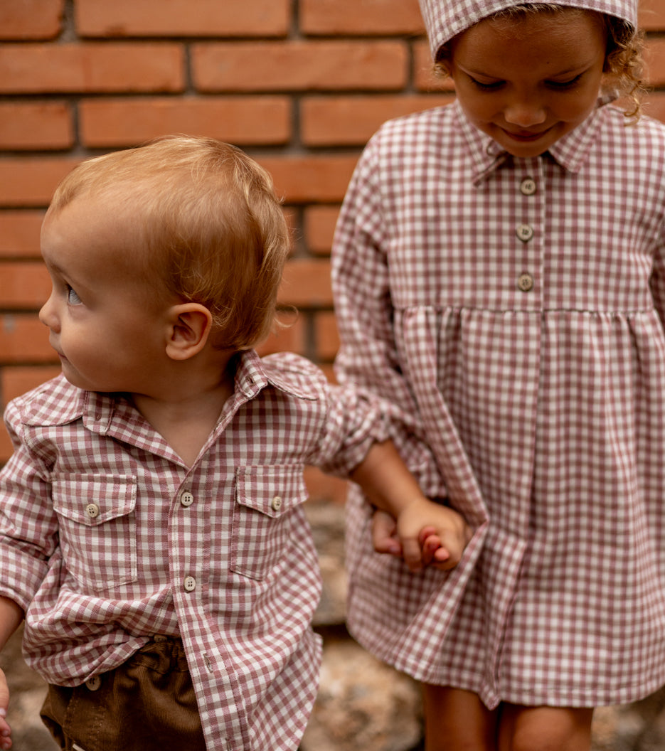 Shirt-collar dress in organic cotton gingham | Cinnamon | Cinnamon Vichy