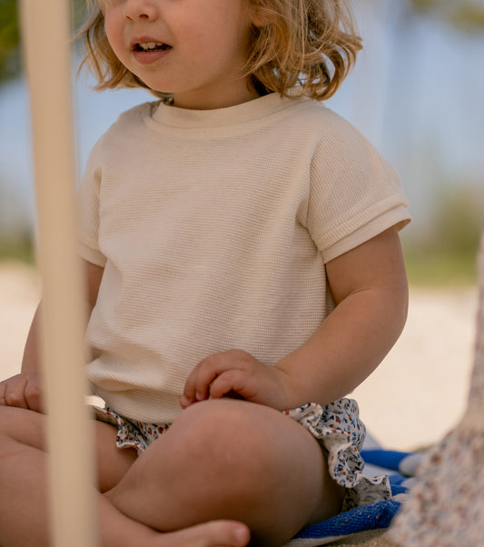 Camiseta en punto de algodón orgánico cuadrito | Lalín |Ecru