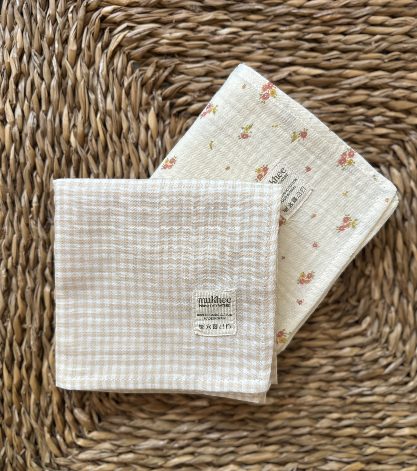 Pack de 2 muselinas de algodón orgánico | Bruma | Mini flor rosa - Vichy