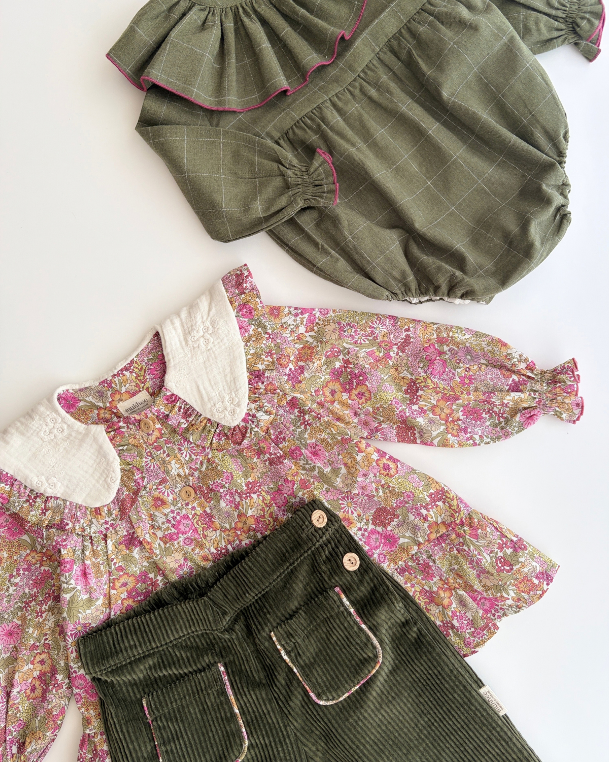 Ruffle-neck romper | Hazelnut | Green plaid