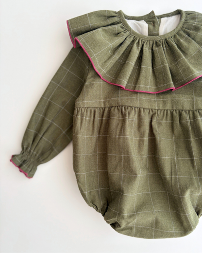 Ruffle-neck romper | Hazelnut | Green plaid