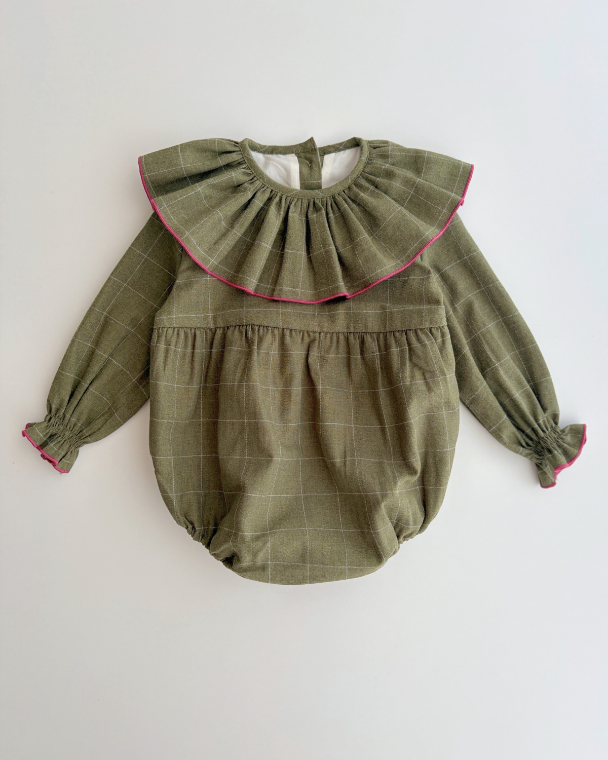 Ruffle-neck romper | Hazelnut | Green plaid