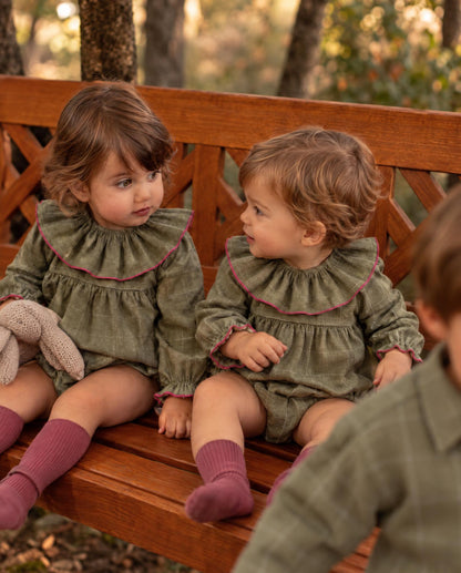 Ruffle-neck romper | Hazelnut | Green plaid