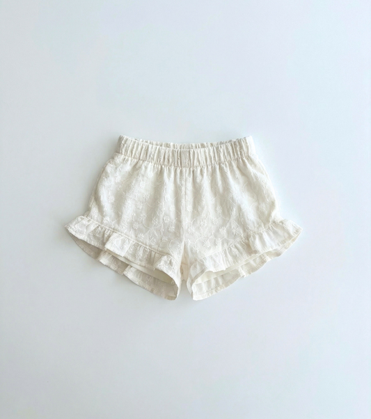 Short ruffles | Forget-me-nots | Embroidered white voile