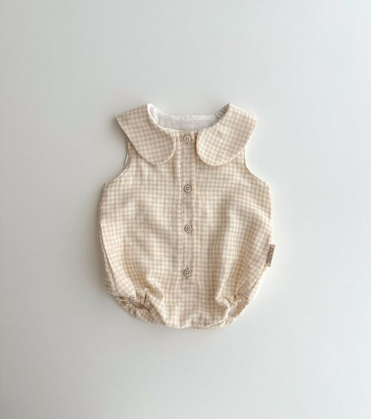 Peter Pan collar romper in organic cotton muslin | Calendula | Vichy