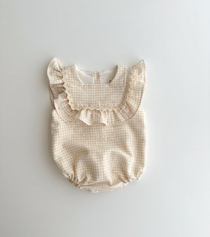 Organic cotton muslin ruffle romper | Calendula | Vichy