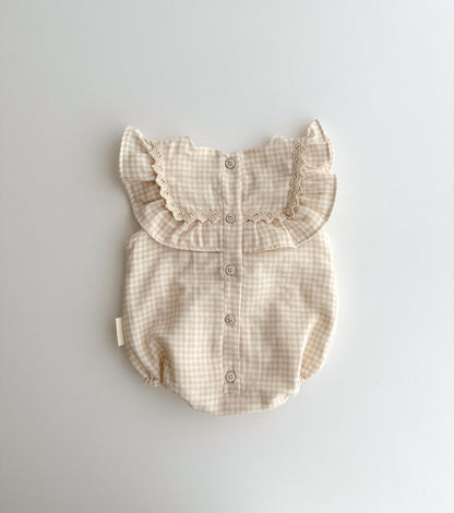 Organic cotton muslin ruffle romper | Calendula | Vichy