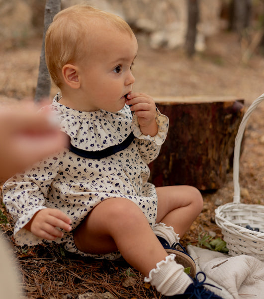 Organic cotton viyela romper | Blueberries | Marino Ecru