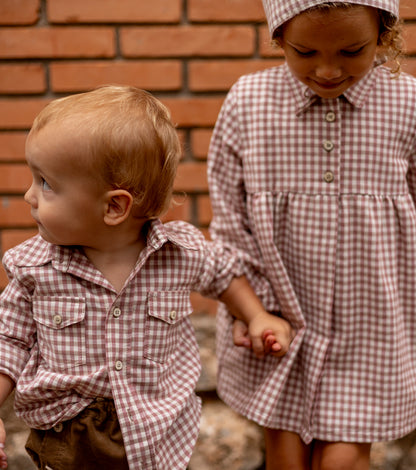 Shirt-collar dress in organic cotton gingham | Cinnamon | Cinnamon Vichy