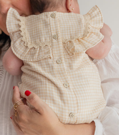 Organic cotton muslin ruffle romper | Calendula | Vichy
