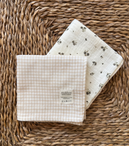 Pack de 2 muselinas de algodón orgánico | Bruma | Mini flor ceniza - Vichy