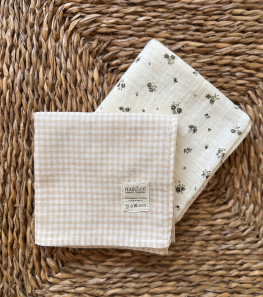 Pack de 2 muselinas de algodón orgánico | Bruma | Mini flor ceniza - Vichy